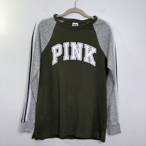 Victoria's Secret PINK Olive Green/gray/white Campus Long Sleeve Shirt Size XS